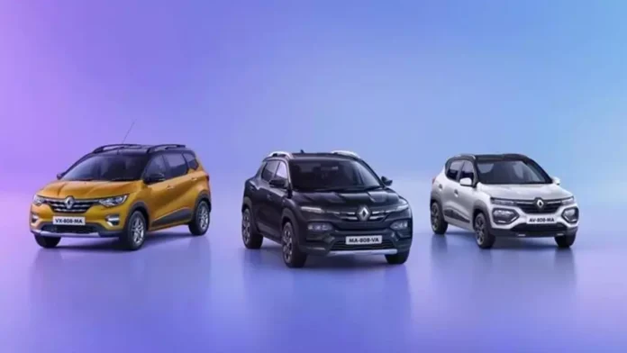A stylish Renault Kiger subcompact SUV drives amidst a vibrant Indian landscape, symbolizing Renault's ambitious comeback in the country.